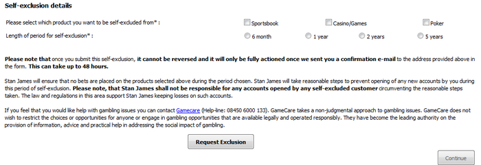 Self-exclusion or opt-out form on Stanjames