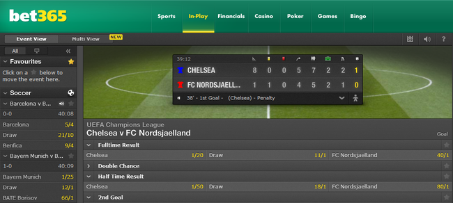Example of In-Play markets in Champions League match from Bet365