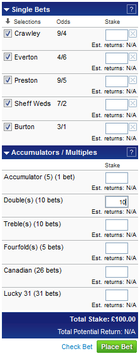 Coral betslip showing total number of lines for 5 bets - with £10 selected per line on doubles meaning a £100 total stake is required for the bet.
