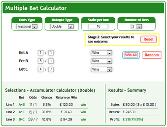Multiples profit of £215 from a £30 total stake using combinations of doubles across 3 selections