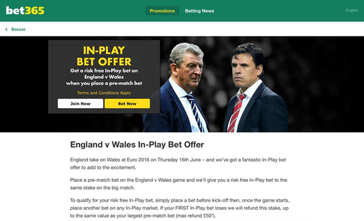 England Wales Bet365 £50 Risk Free In-Play Euro 2016 Offer