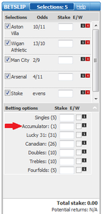 PaddyPower accumulator bet shown with a (1) to show one bet covering all selections
