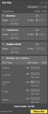 Bet365 betslip showing three even money selections add up to 7 to 1