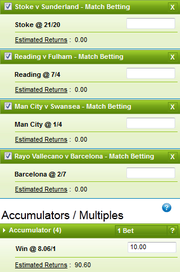 William Hill accumulator bet shows a £10 stake returning £90.60 should all 4 selections win