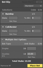 Bet365 betslip showing two even money selections add up to 3 to 1